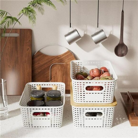 Plastic Storage Bins with Bamboo Lids 6 Pack Stackable Closet Organizer White - Picture 5 of 8